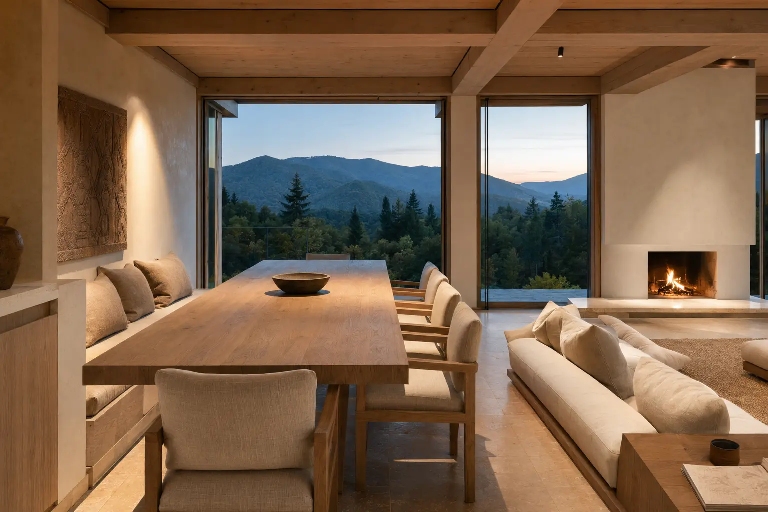 Warm contemporary dining and living room in a mountain villa
