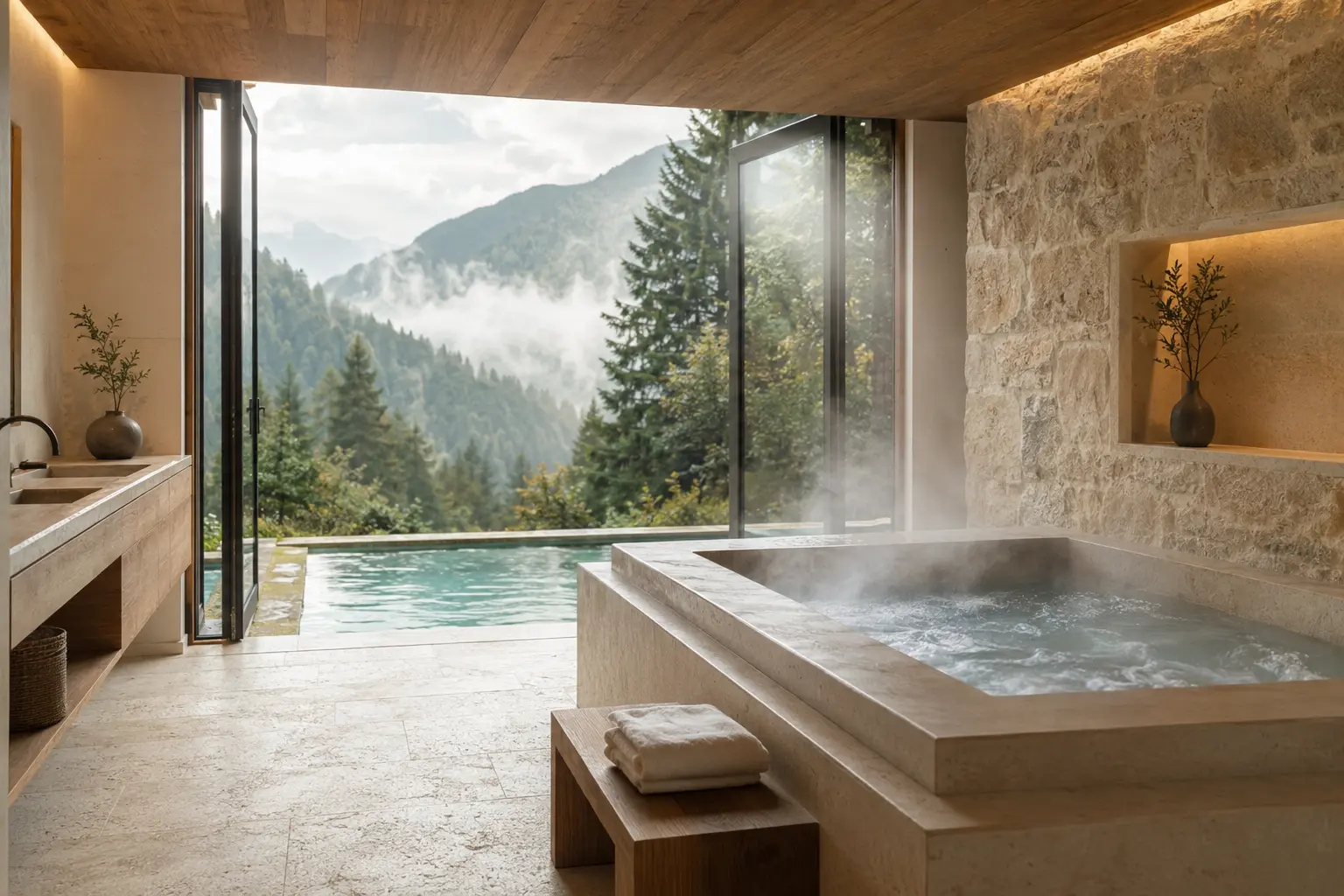 Private jacuzzi overlooking a forested mountain landscape